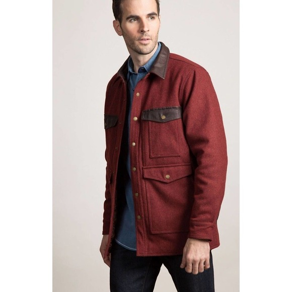 Overland Lane Men's Leather-Trimmed Wool Field Jacket Red/Brown Size Large EUC - Picture 2 of 9